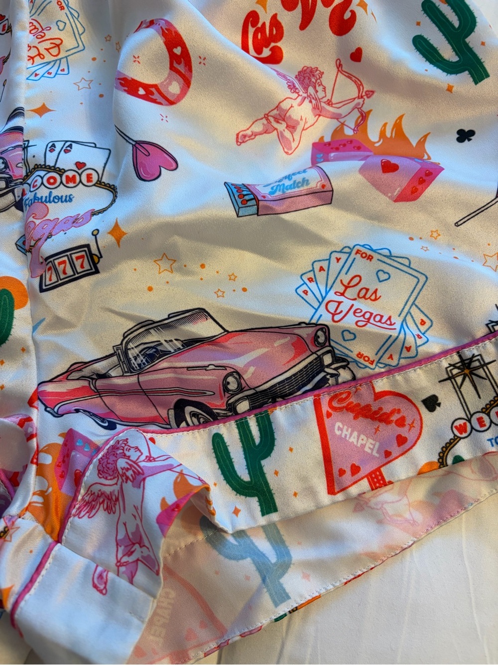 Nasty Gal White Las Vegas Print Pajama Shorts with Pink & Green Accents - Picture 2 of 3